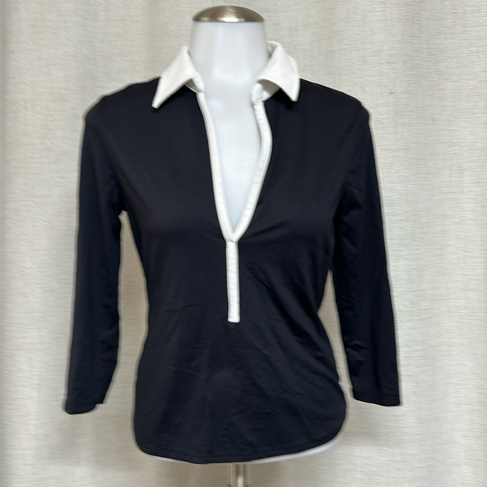 * SALE MODA INTERNATIONAL black white collared stretch pullover top shirt blouse